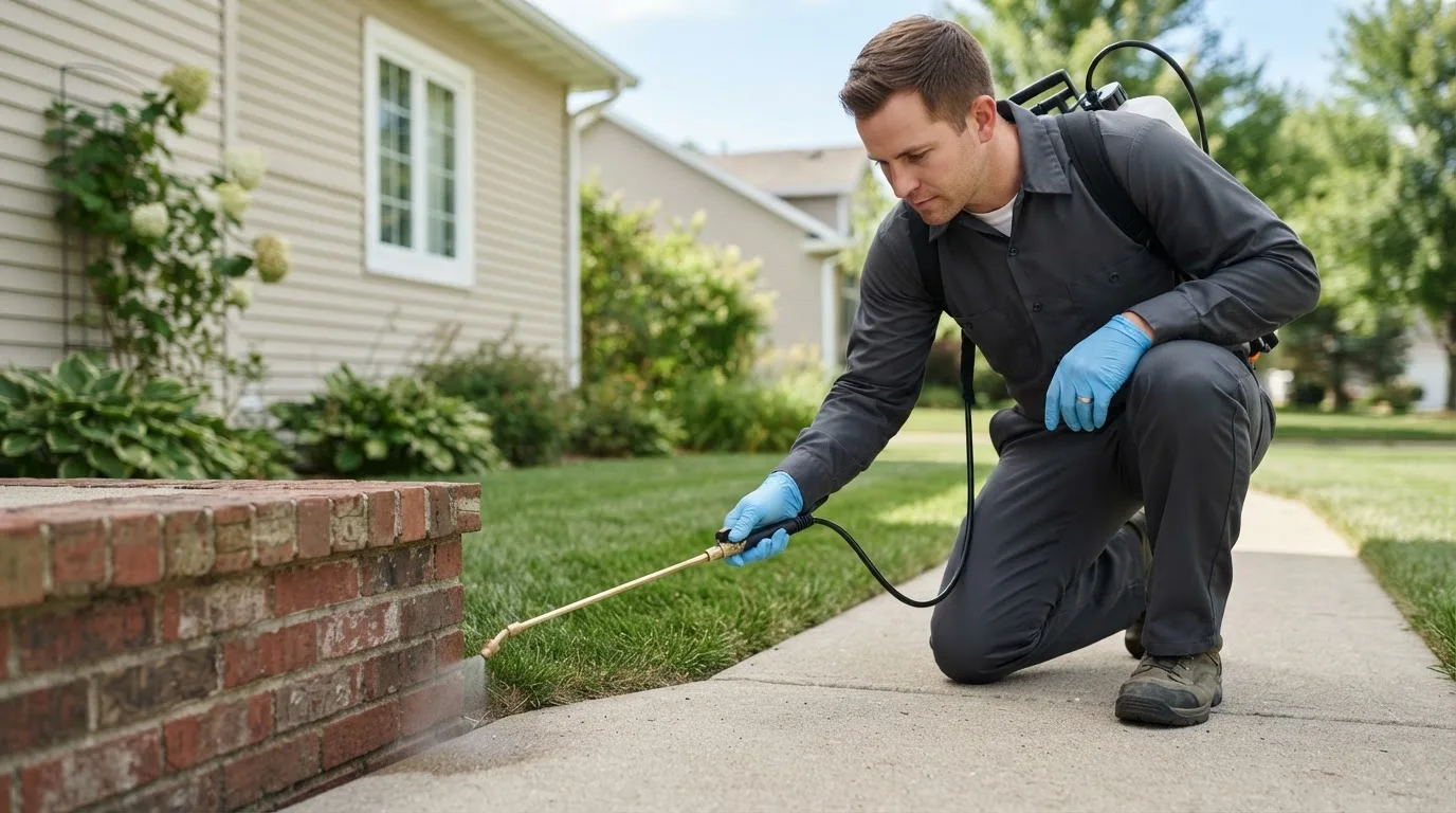 Pest control technician treating a home near Wakita, OK